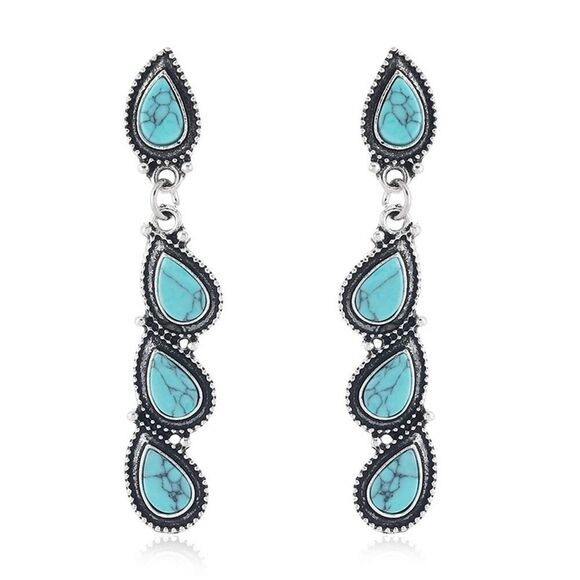 Boho Southwestern Faux Turquoise Teardrop Stud Dangle Long Earrings - Picture 1 of 5